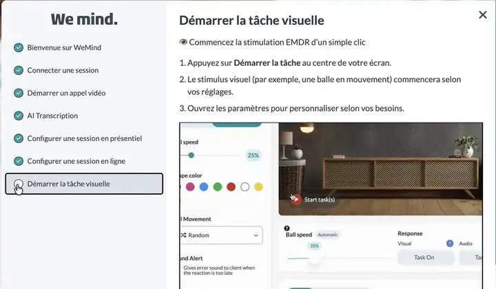 Guide de prise en main de WeMind Therapy en français : démarrer la tâche visuelle, avec le réglage automatique de la vitesse de la balle